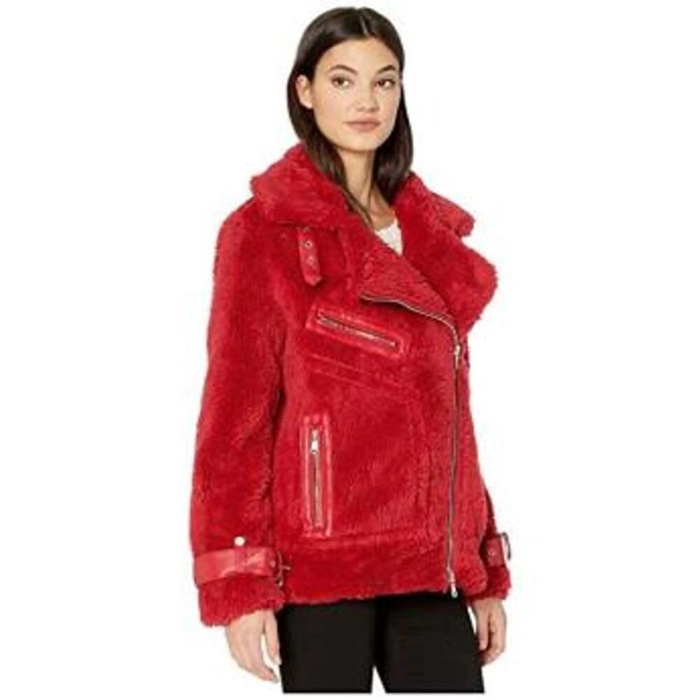 Avec Les Filles Red Faux Shearling Zipper Moto Jacket Sz M City Girl Mob Wife